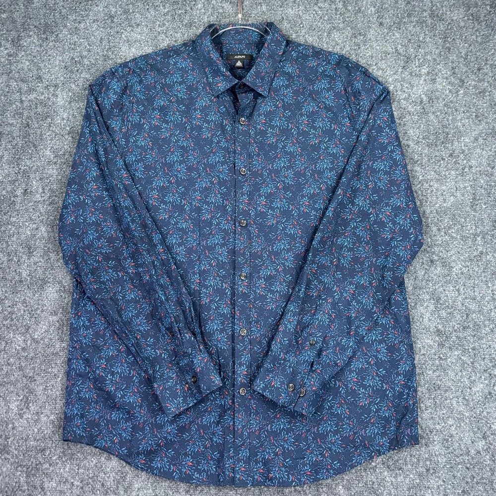 Alfani Mens XL Long Sleeve Button Down Shirt Navy Blue Red Leaf Print Cotton